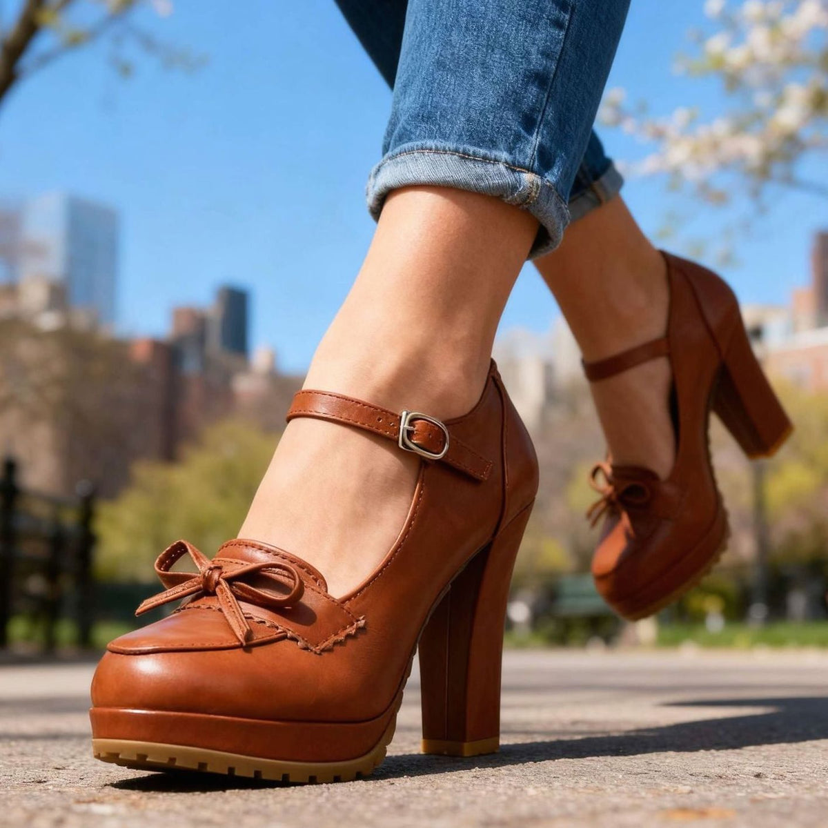 Women's Mary Jane Block Heel Platform Pumps Bow Buckle Strap