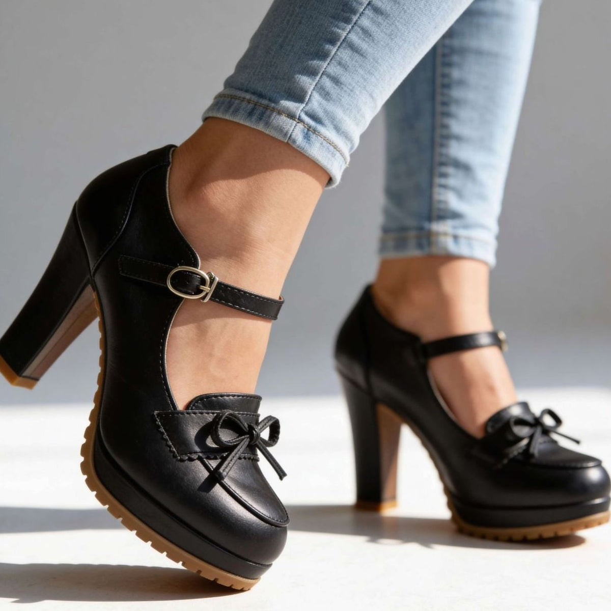 Women's Mary Jane Block Heel Platform Pumps Bow Buckle Strap - Black
