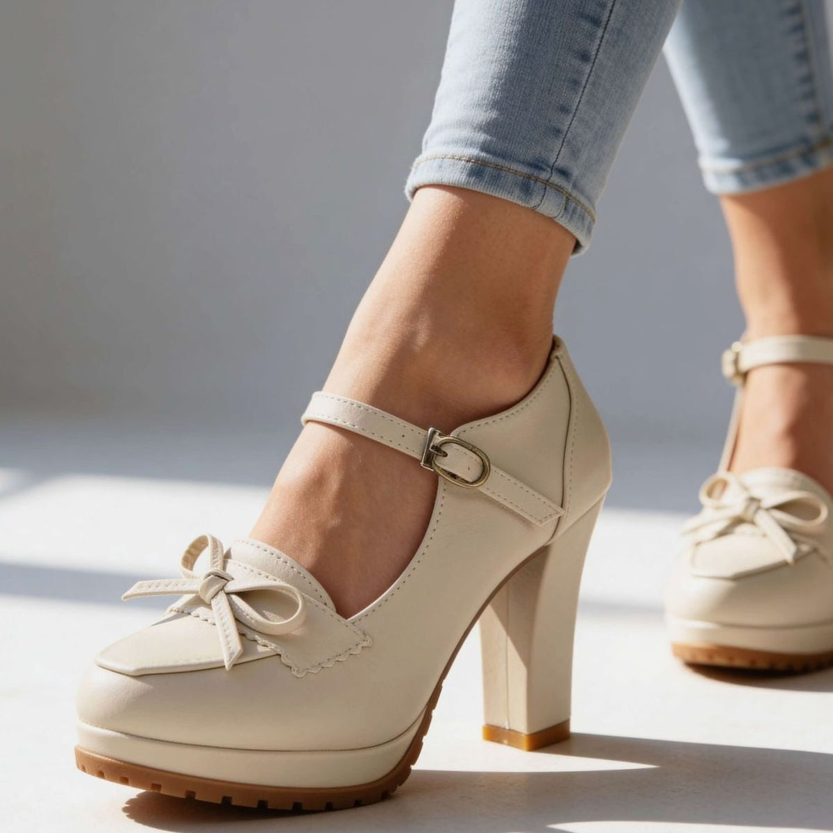 Women's Mary Jane Block Heel Platform Pumps Bow Buckle Strap - Cream