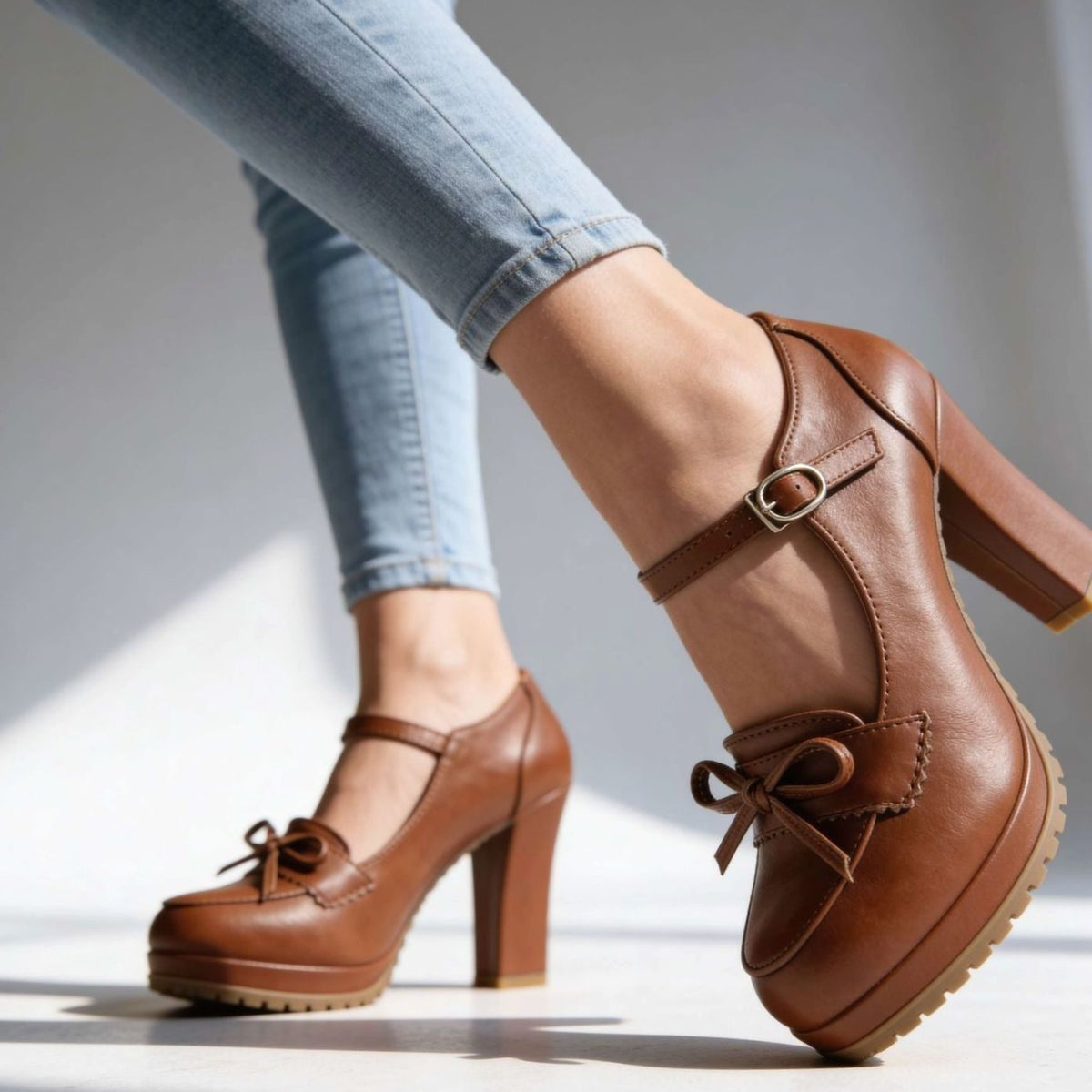 Women's Mary Jane Block Heel Platform Pumps Bow Buckle Strap - Brown