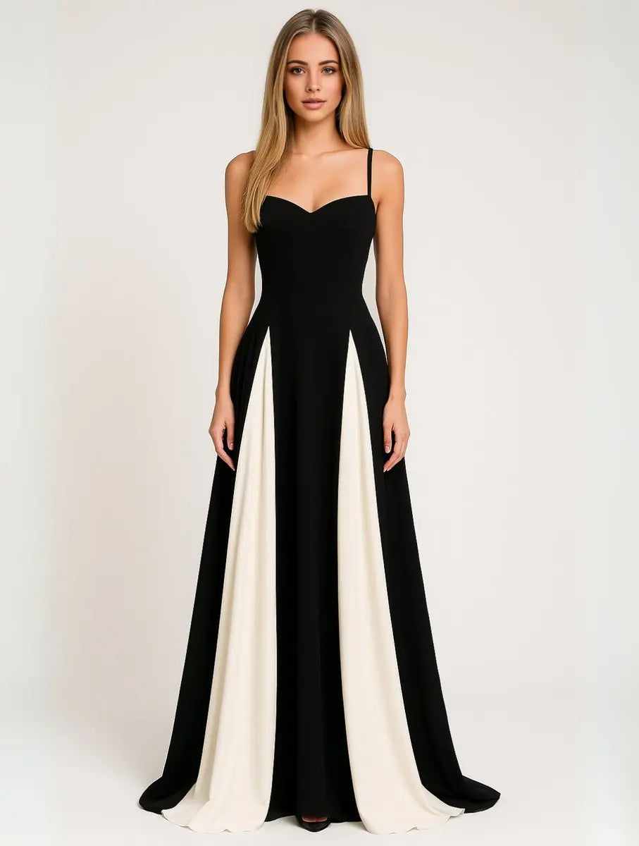 Womens Maxi Dress Contrast Panel Sweetheart Bodice Formal Gown - Black