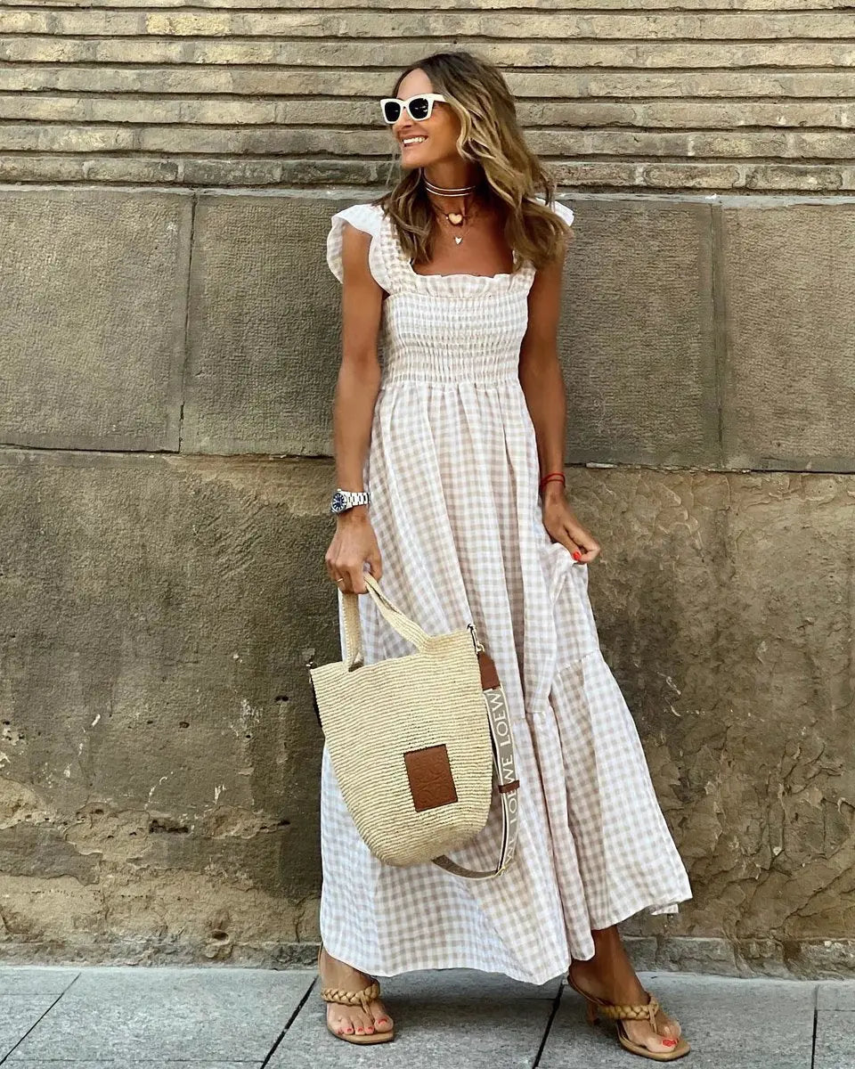 Womens Maxi Dress Gingham Smocked Waist Ruffle Cap Sleeve - Beige