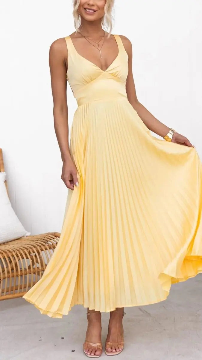 Women's Maxi Dress Pleated V-Neck Sleeveless Midi Swing Dress - Yellow