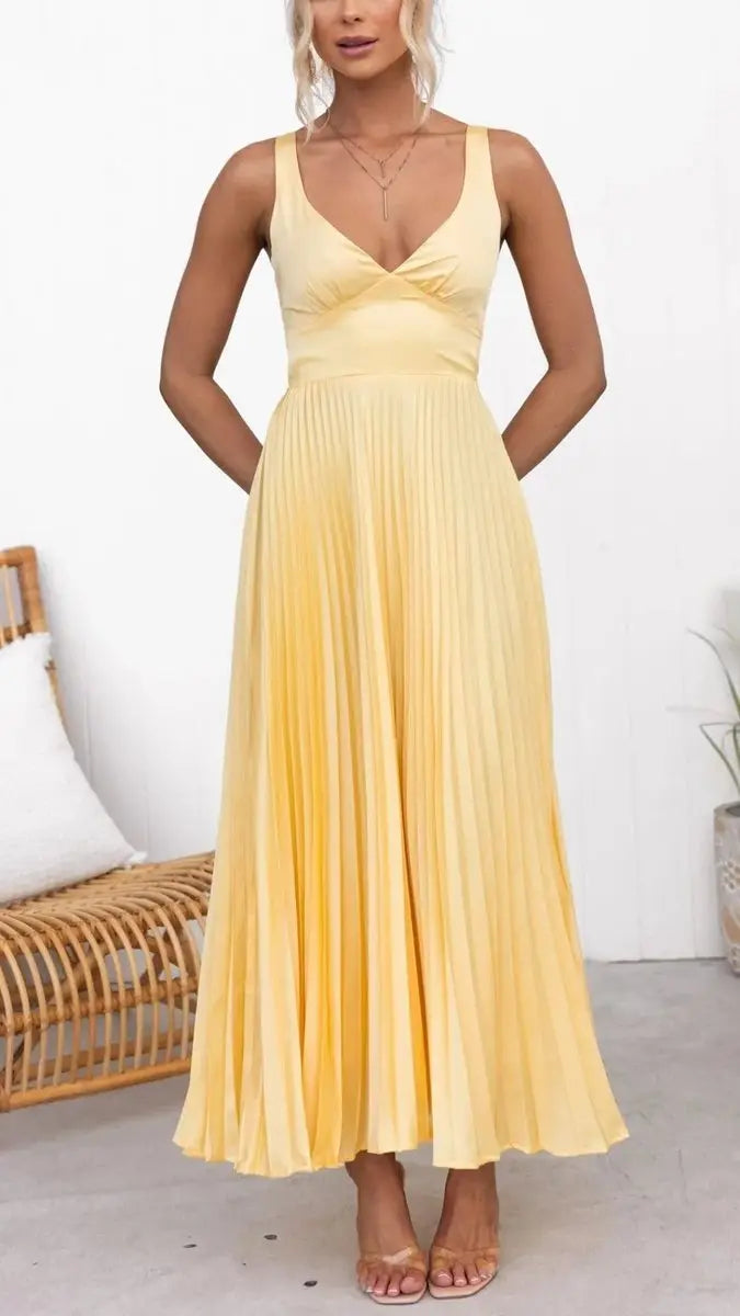 Women's Maxi Dress Pleated V-Neck Sleeveless Midi Swing Dress