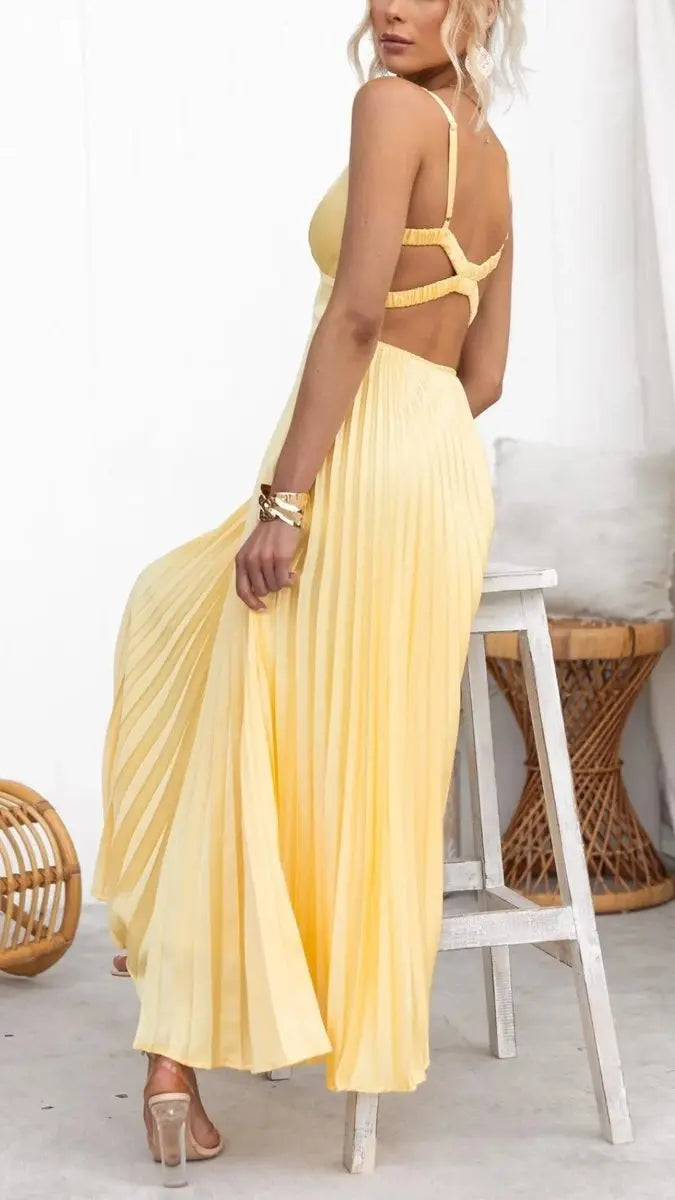 Women's Maxi Dress Pleated V-Neck Sleeveless Midi Swing Dress