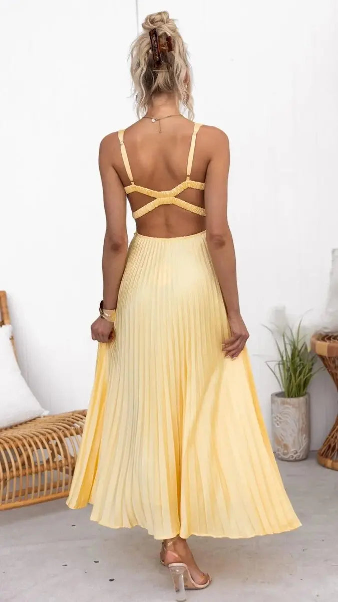 Women's Maxi Dress Pleated V-Neck Sleeveless Midi Swing Dress