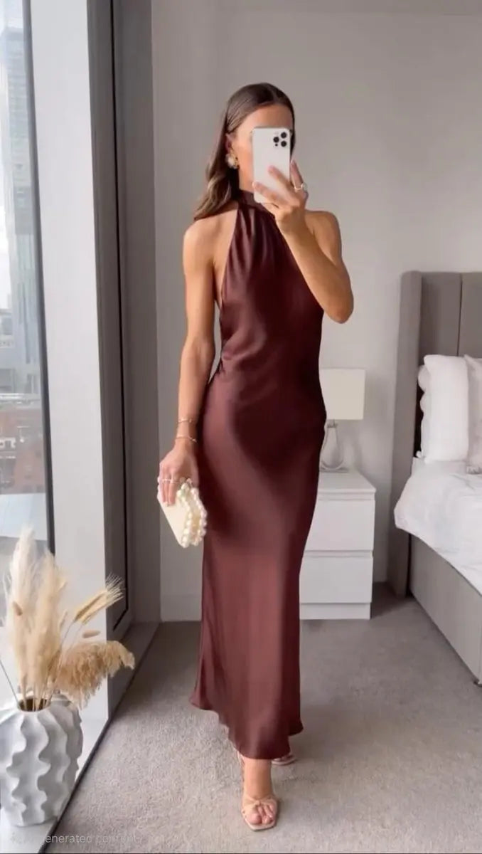 Womens Maxi Dress Satin Halter-Neck Backless Evening Gown - Brown