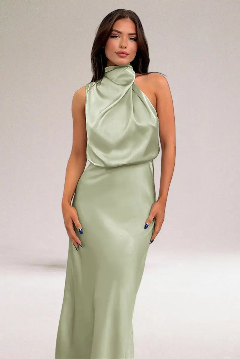 Womens Maxi Dress Satin Halter Neck Sleeveless Occasion Gown - Light Green