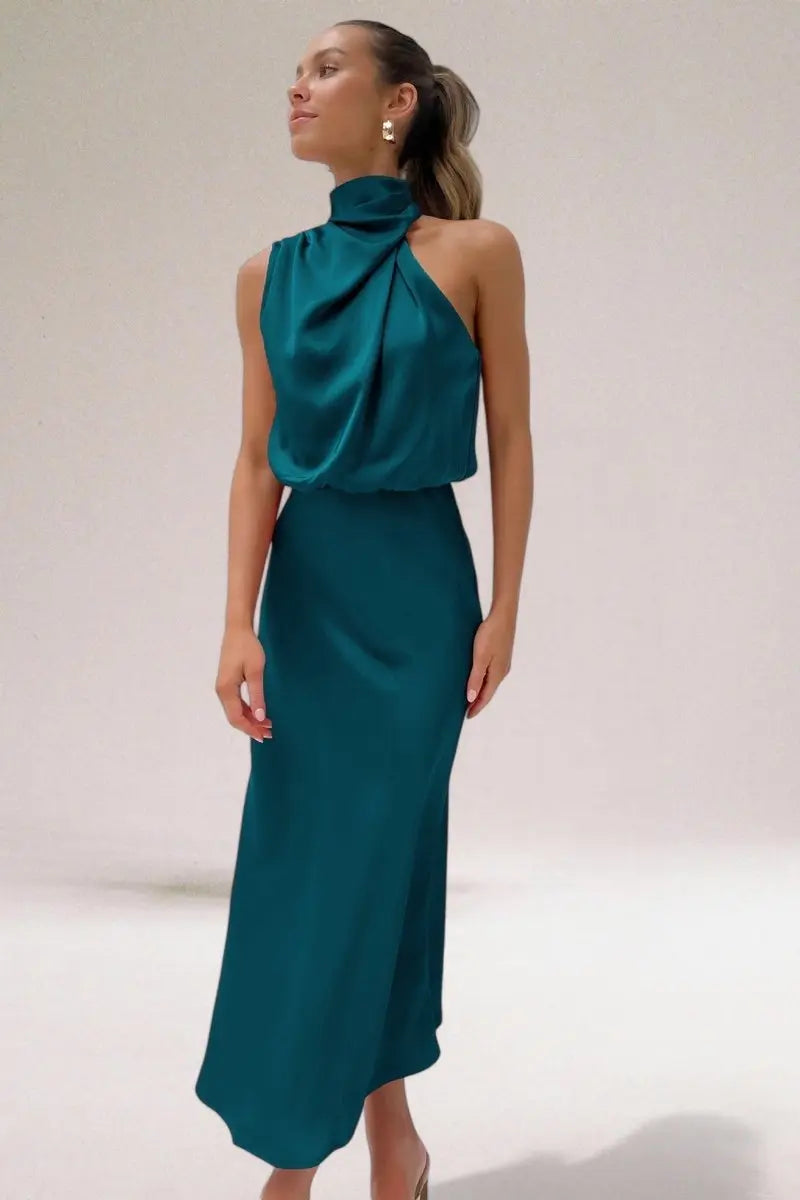 Womens Maxi Dress Satin Halter Neck Sleeveless Occasion Gown - Aqua