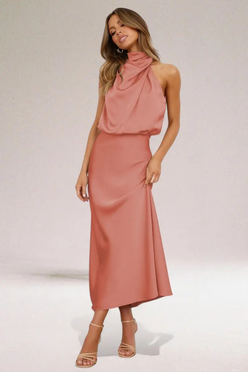 Womens Maxi Dress Satin Halter Neck Sleeveless Occasion Gown - Mauve