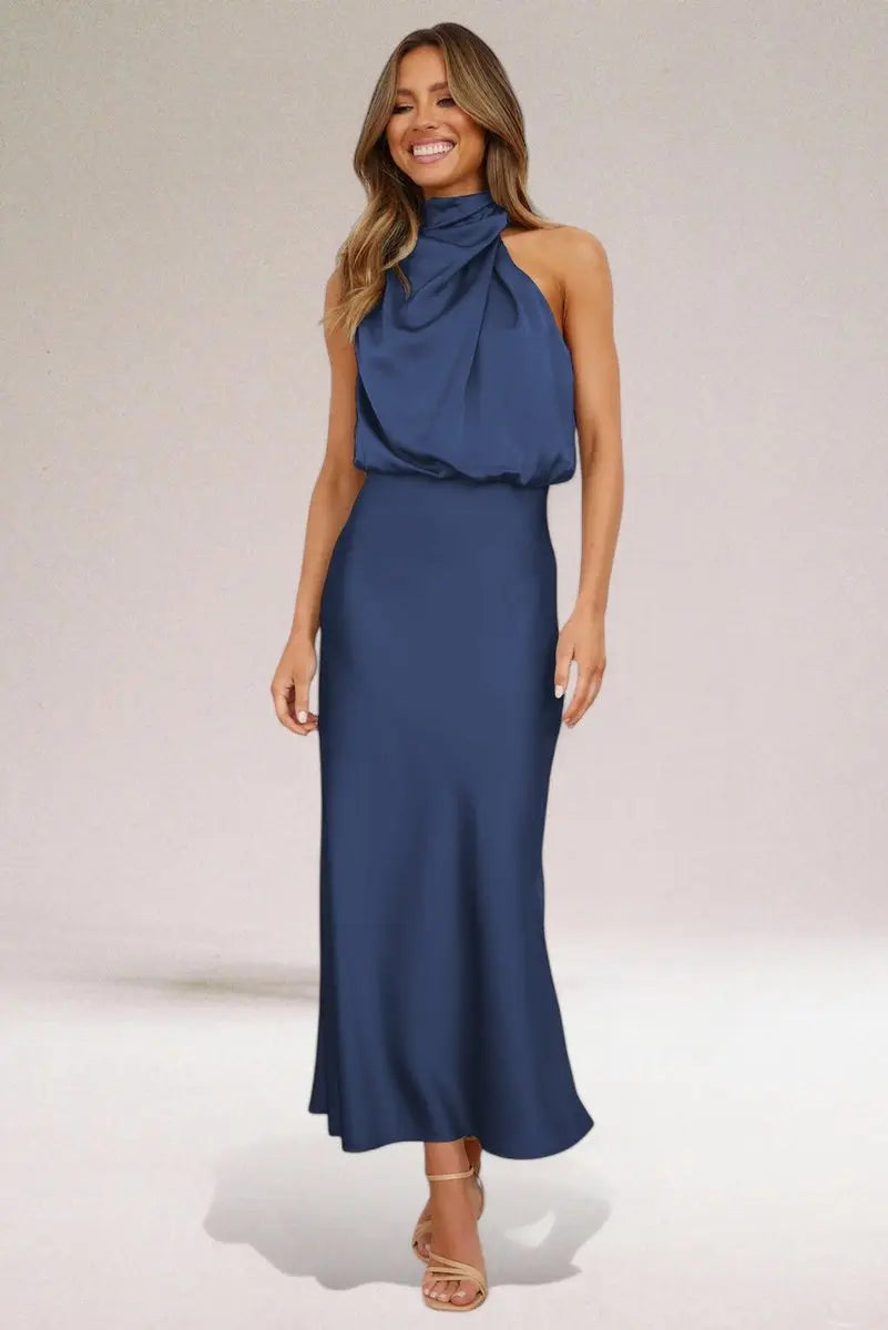 Womens Maxi Dress Satin Halter Neck Sleeveless Occasion Gown - Navy Blue