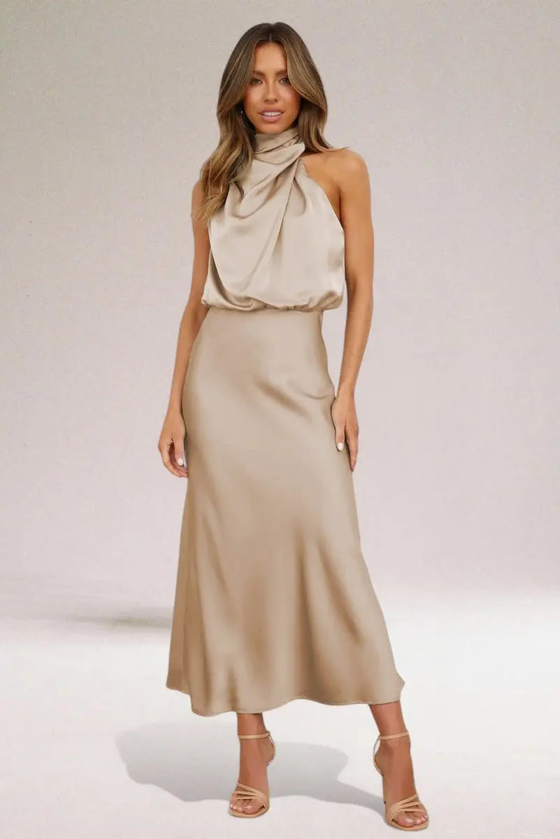 Womens Maxi Dress Satin Halter Neck Sleeveless Occasion Gown - Beige
