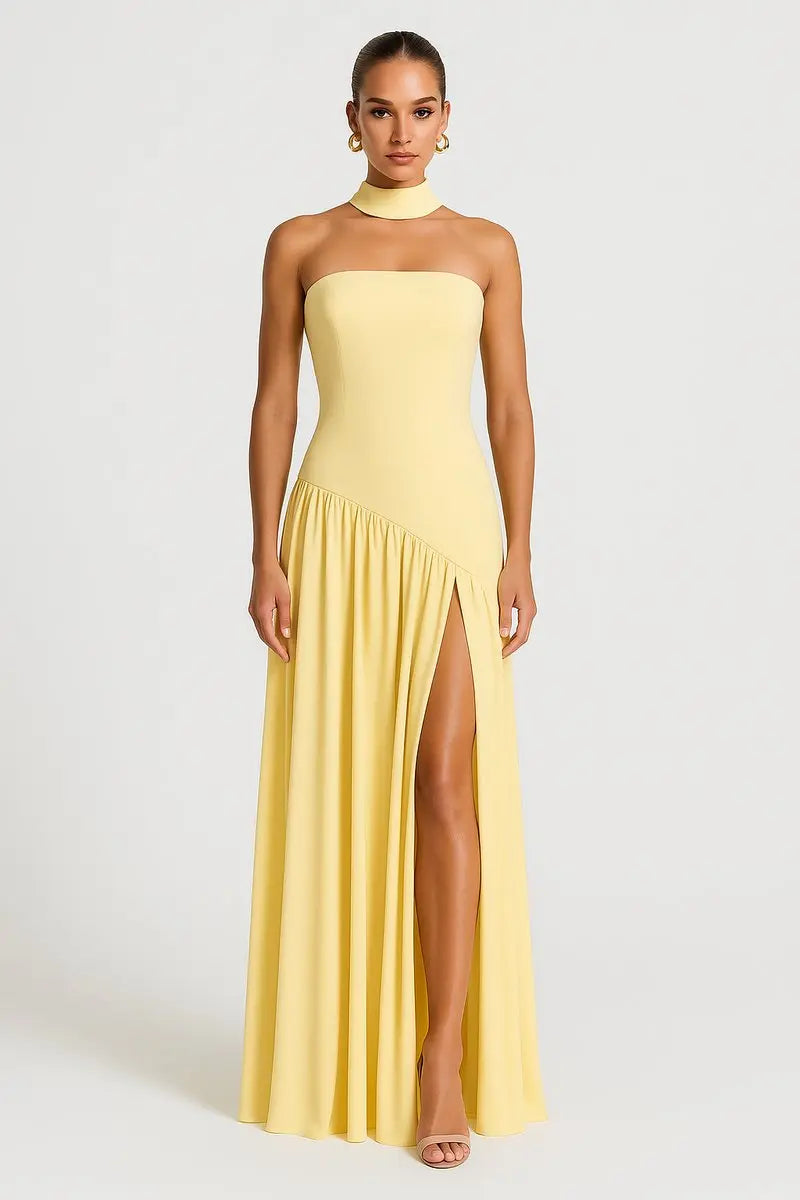 Womens Maxi Dress Strapless Asymmetric High-Slit Choker Gown - Yellow
