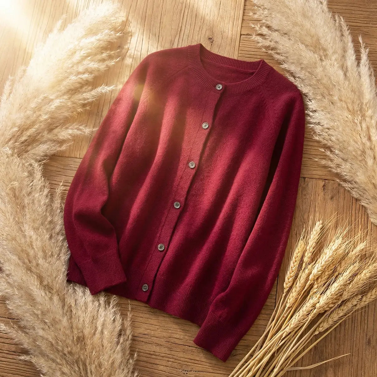Women's Merino Wool Long Sleeve Knit Jumper Cardigan - Red