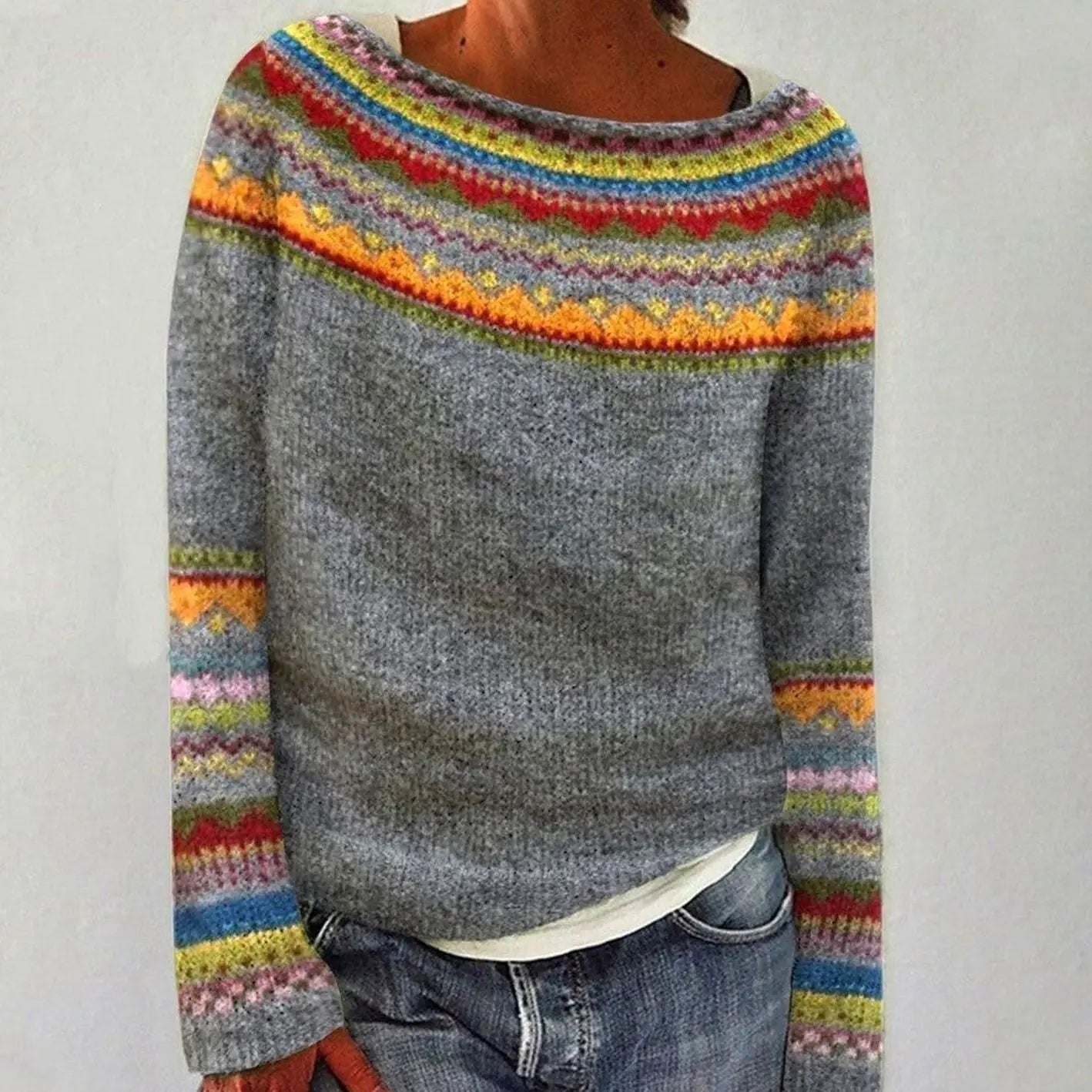 Women's Merino Wool Sweater Fair Isle Knit Pullover Jumper - Grey