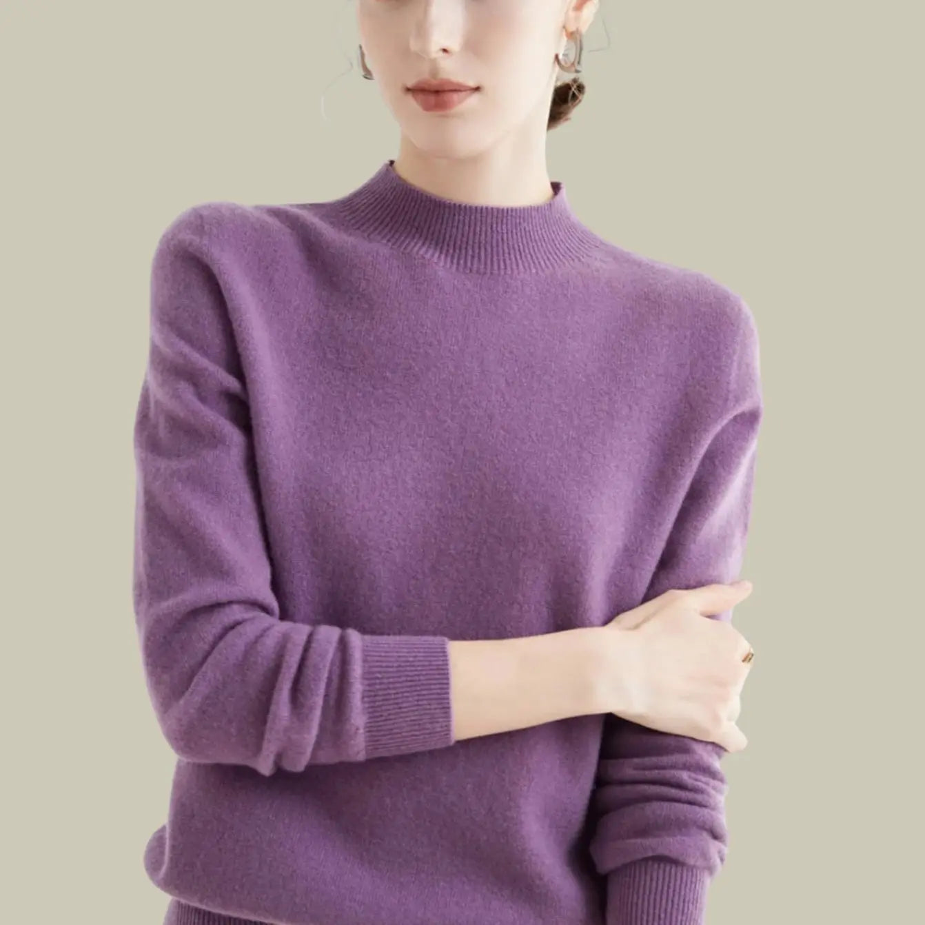 Women's Merino Wool Sweaters Mock-Neck Long-Sleeve Knit Jumper - Purple