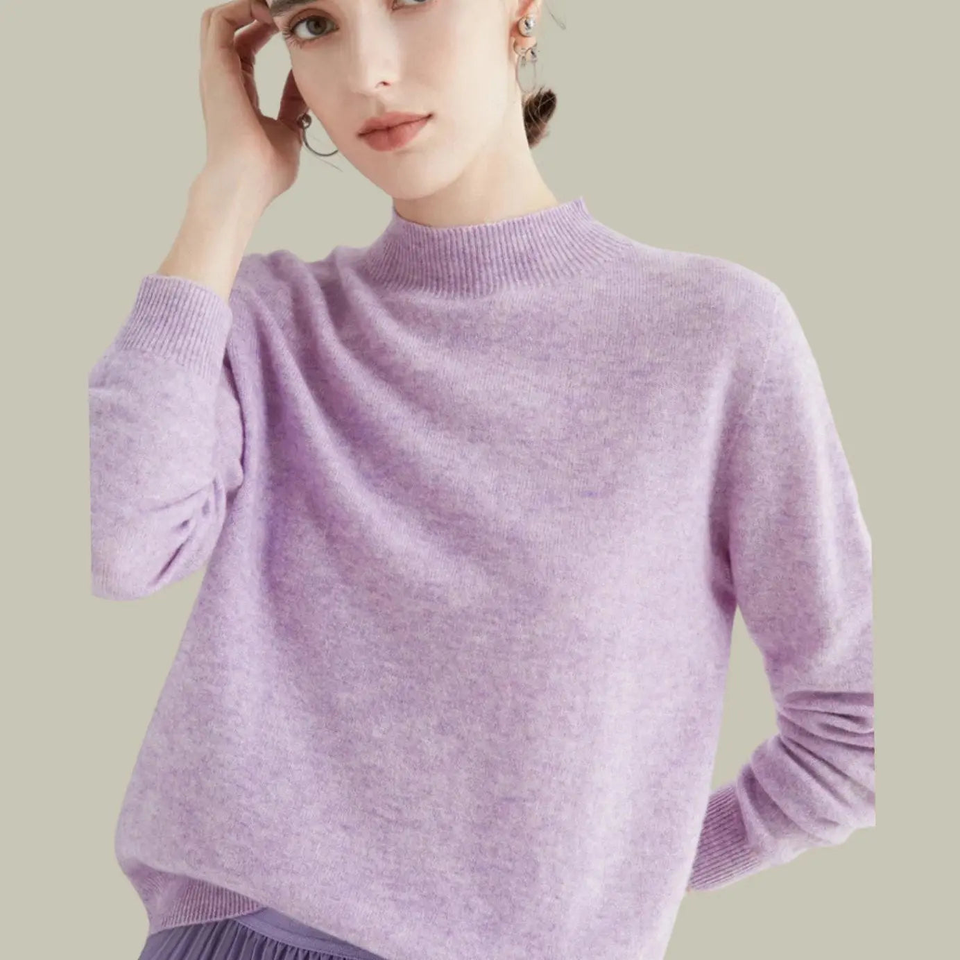 Women's Merino Wool Sweaters Mock-Neck Long-Sleeve Knit Jumper - Jacquard Purple
