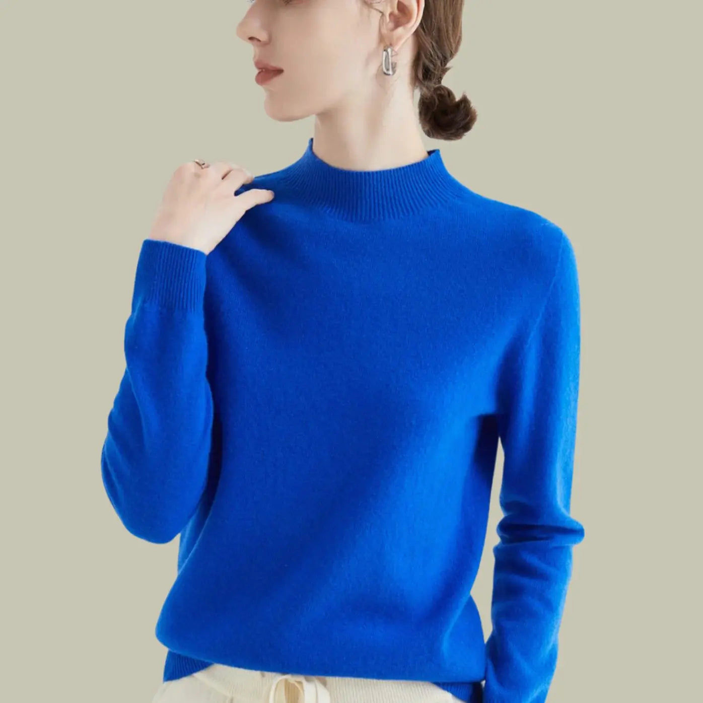 Women's Merino Wool Sweaters Mock-Neck Long-Sleeve Knit Jumper - Blue