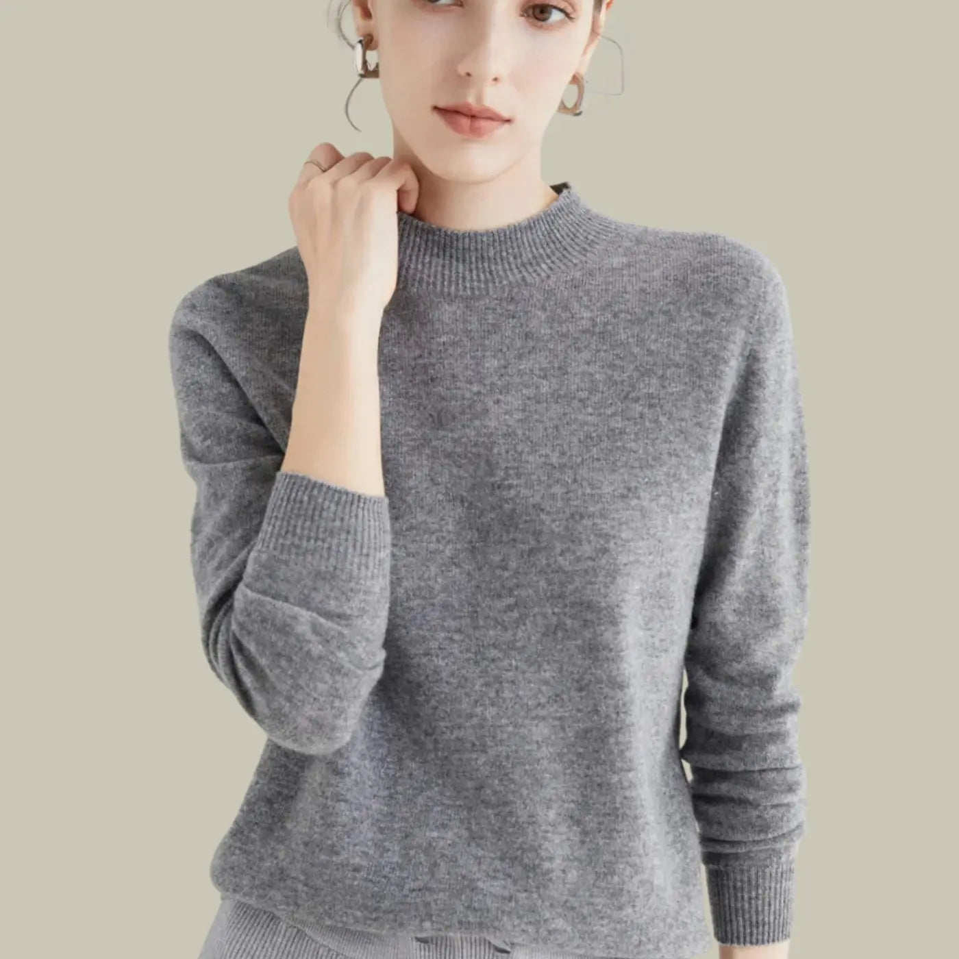 Women's Merino Wool Sweaters Mock-Neck Long-Sleeve Knit Jumper - Grey
