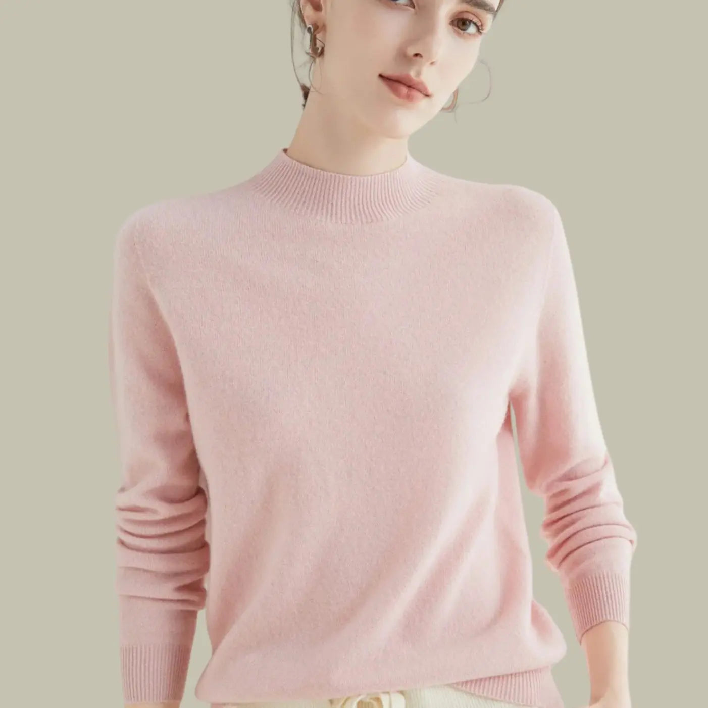 Women's Merino Wool Sweaters Mock-Neck Long-Sleeve Knit Jumper - Pink