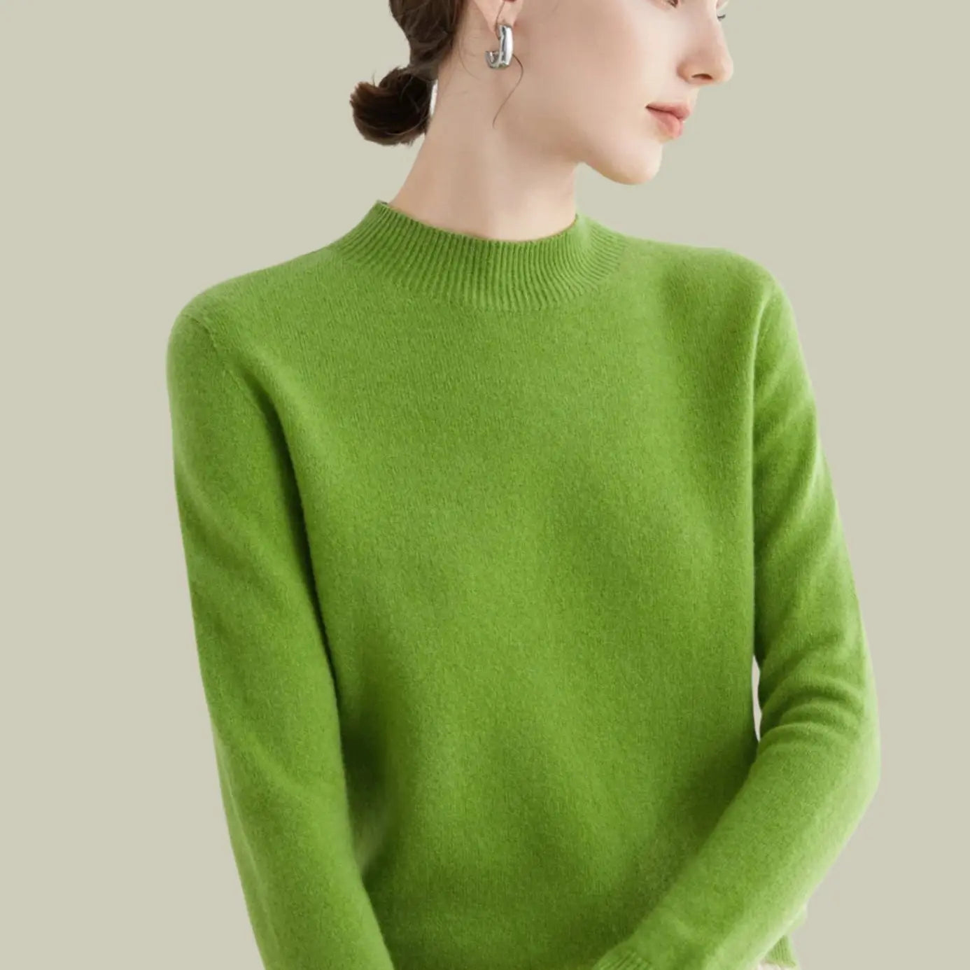 Women's Merino Wool Sweaters Mock-Neck Long-Sleeve Knit Jumper - Fruit Green