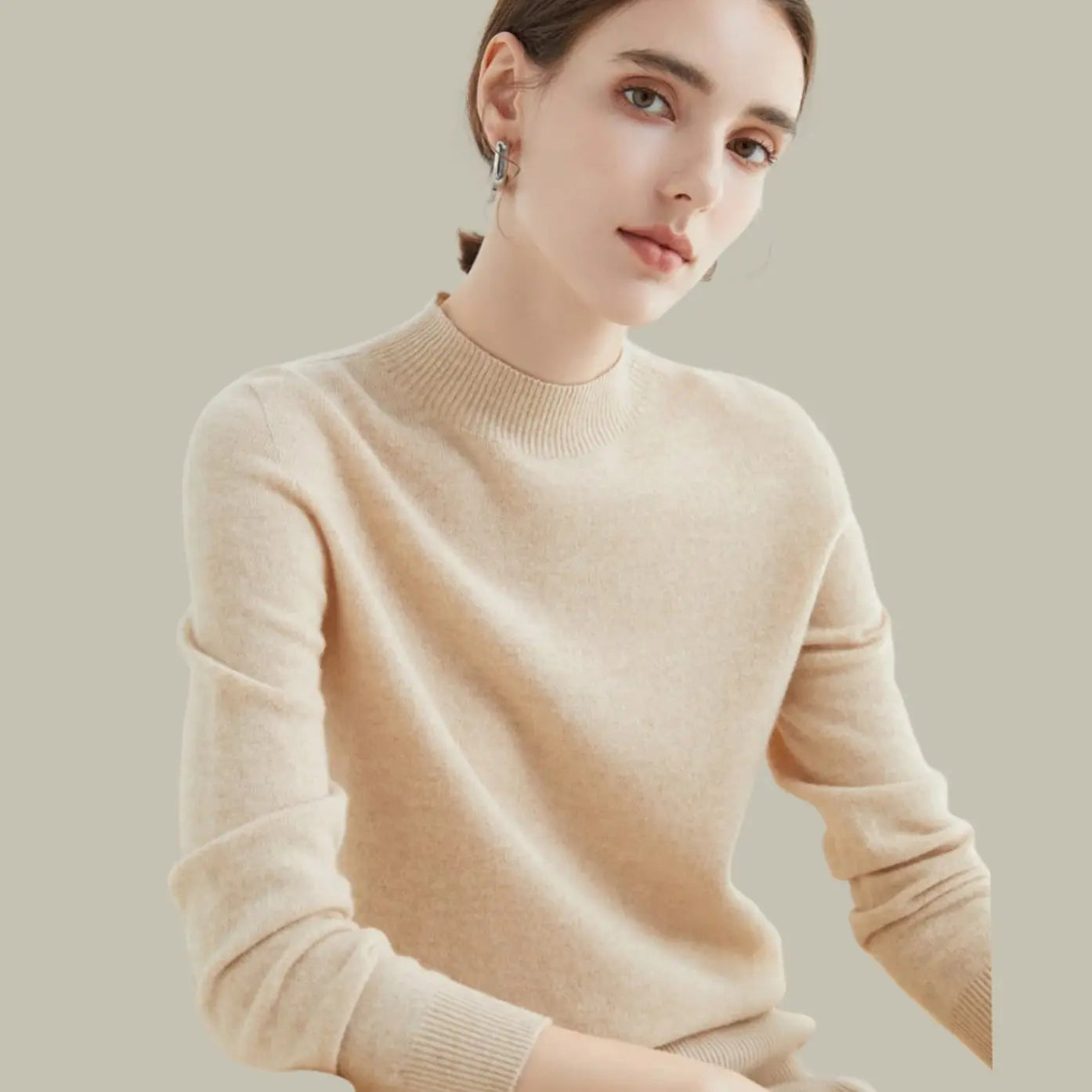 Women's Merino Wool Sweaters Mock-Neck Long-Sleeve Knit Jumper - Beige