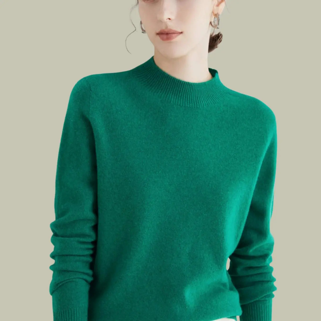 Women's Merino Wool Sweaters Mock-Neck Long-Sleeve Knit Jumper - Jacquard Green