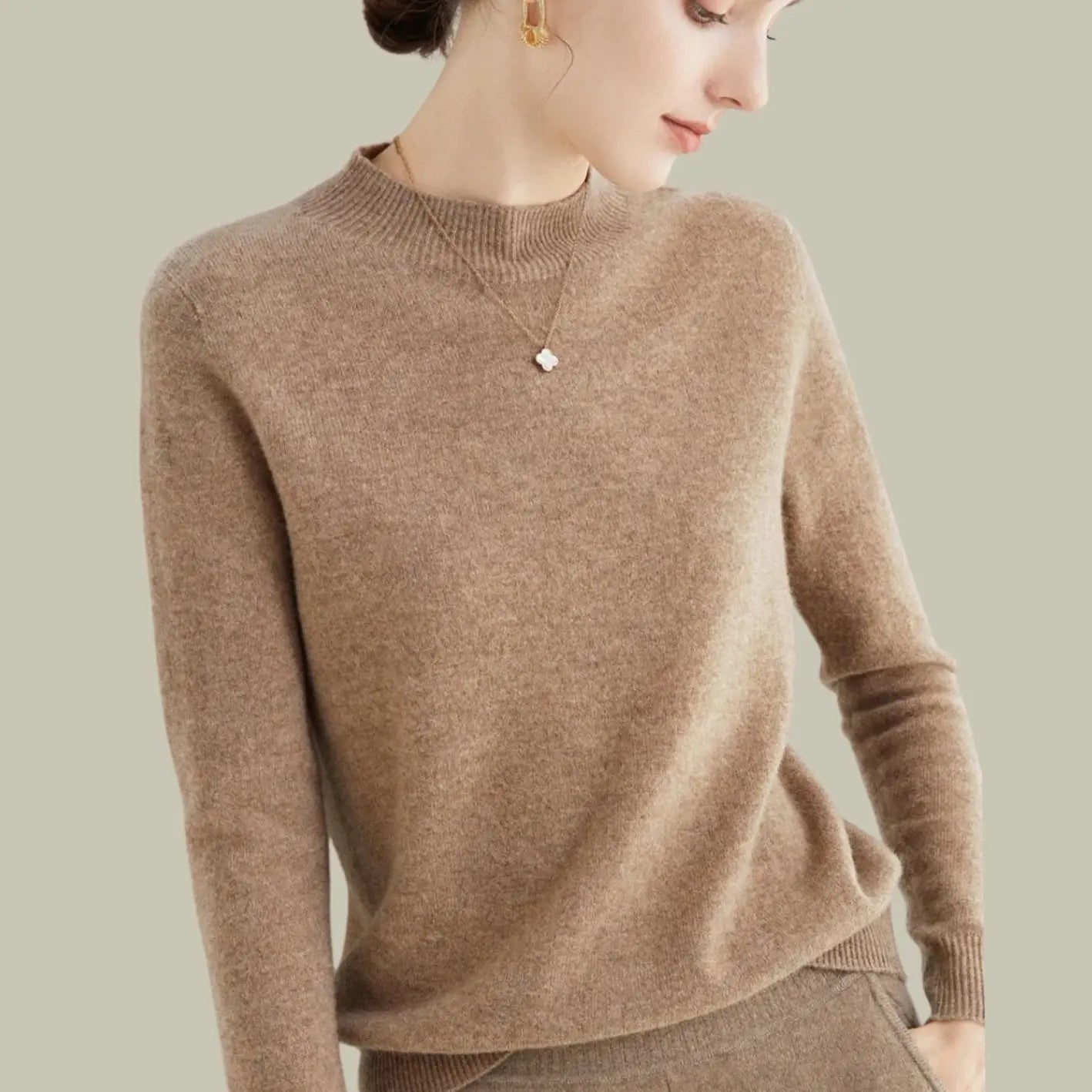 Women's Merino Wool Sweaters Mock-Neck Long-Sleeve Knit Jumper - Light Tan