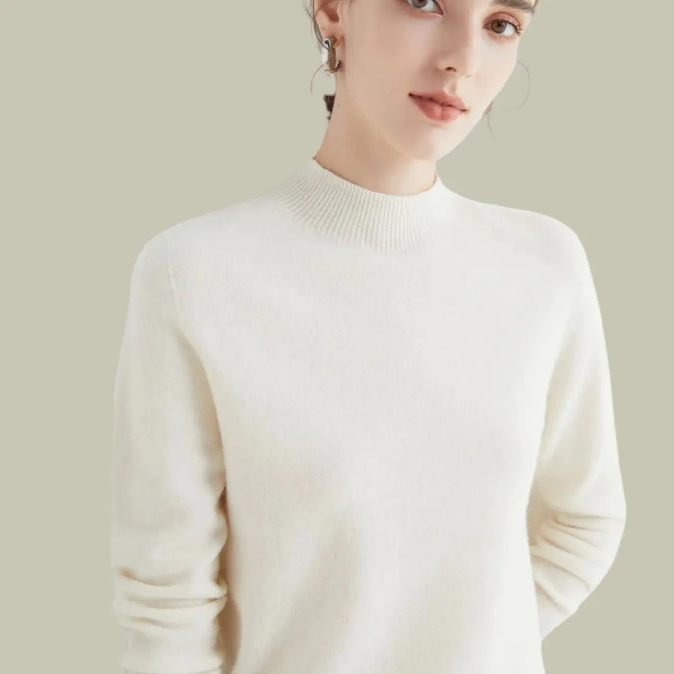 Women's Merino Wool Sweaters Mock-Neck Long-Sleeve Knit Jumper - White