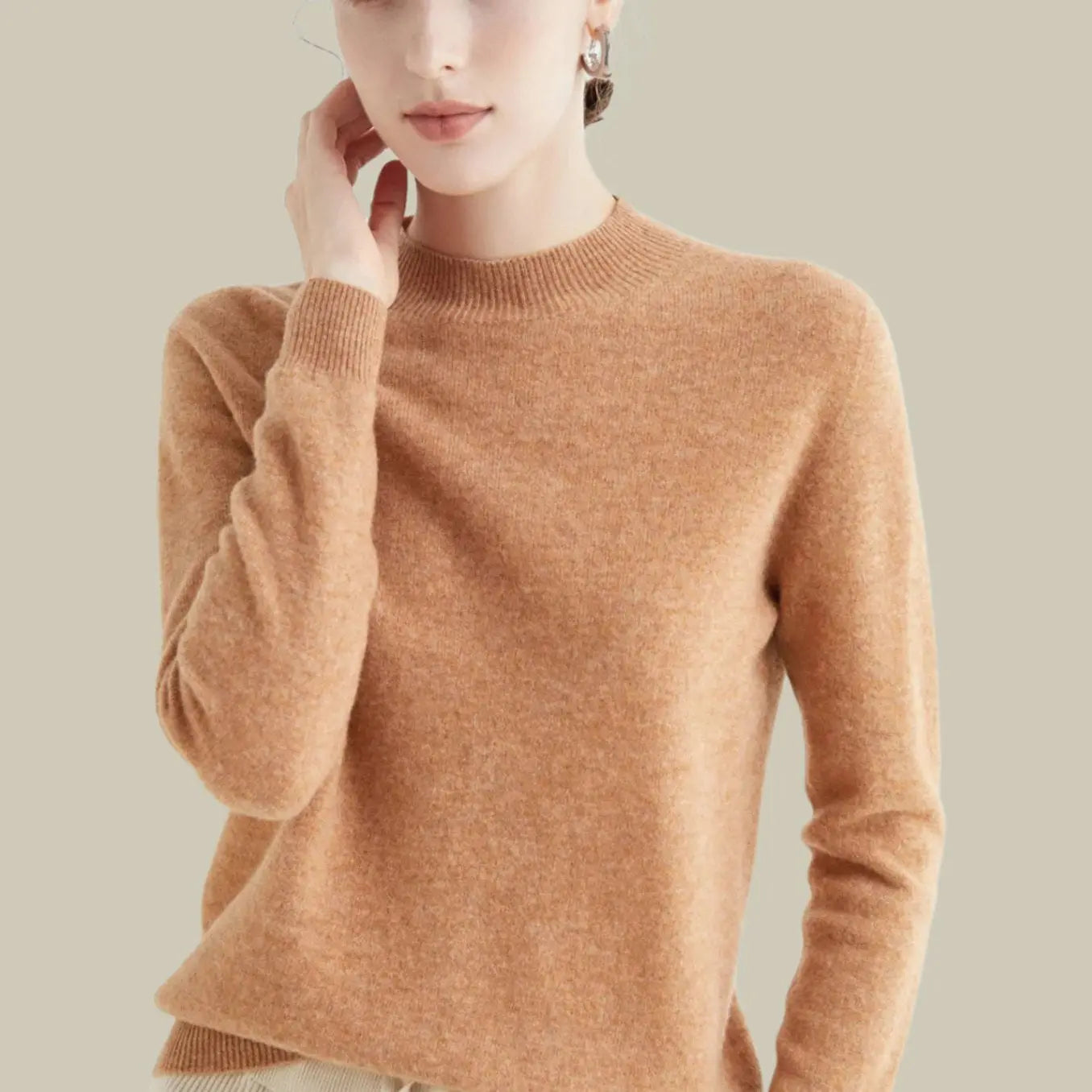 Women's Merino Wool Sweaters Mock-Neck Long-Sleeve Knit Jumper - Golden Camel