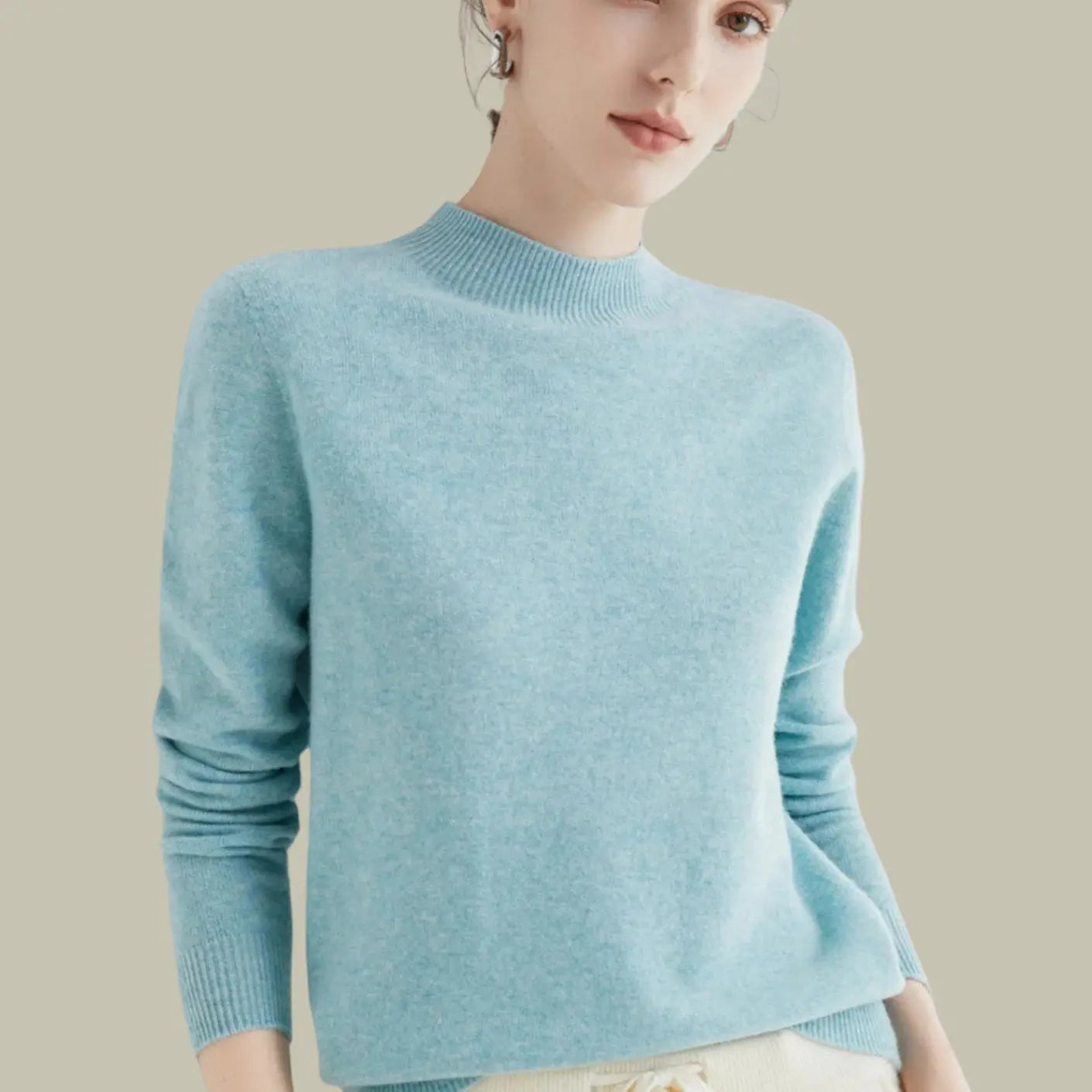 Women's Merino Wool Sweaters Mock-Neck Long-Sleeve Knit Jumper