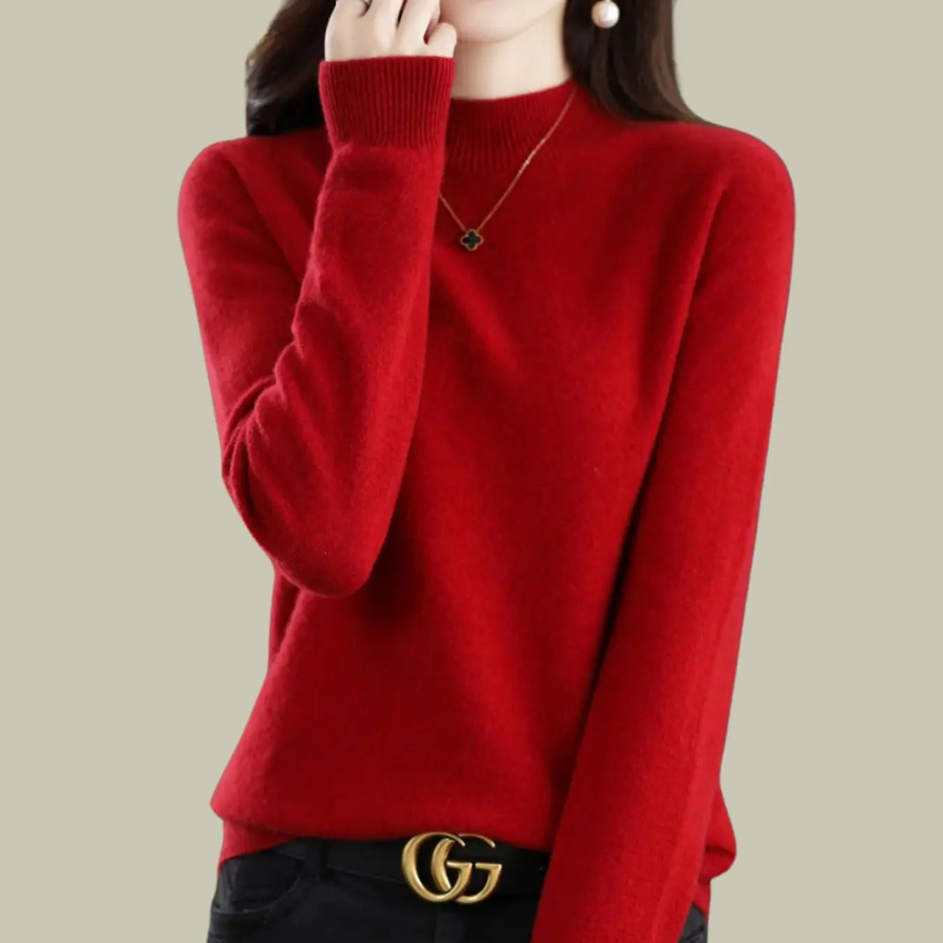 Women's Merino Wool Sweaters Mock-Neck Long-Sleeve Knit Jumper - Wine Red
