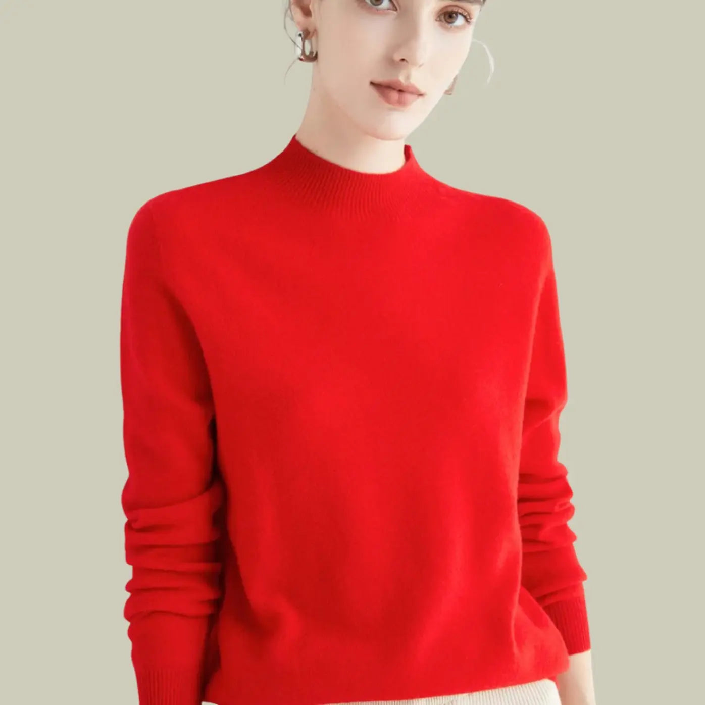 Women's Merino Wool Sweaters Mock-Neck Long-Sleeve Knit Jumper - Red