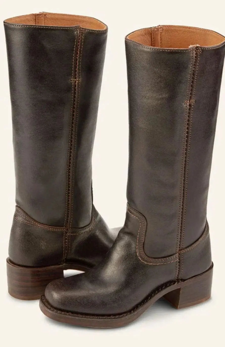 Women's Mid-Calf Leather-Look Stacked Heel Western Boots - Dark Brown