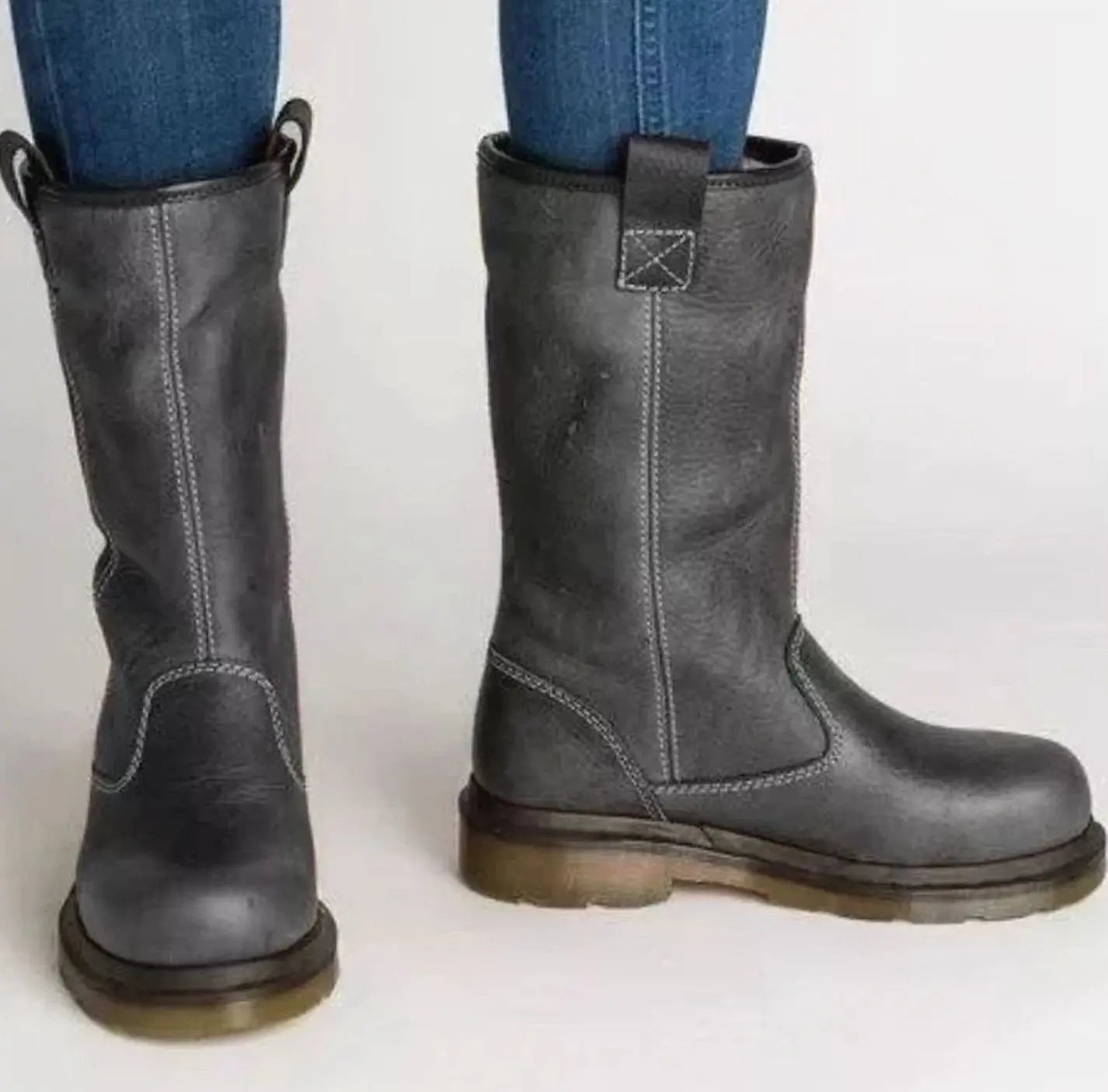 Women's Mid-Calf Lined Pull-On Leather Boots - Grey