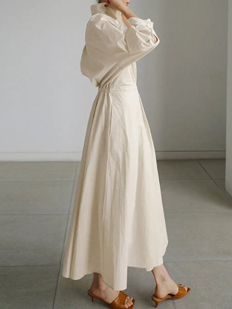 Women's Midi Dress Elegant Long-Sleeve Shirt Dress Twisted Waist