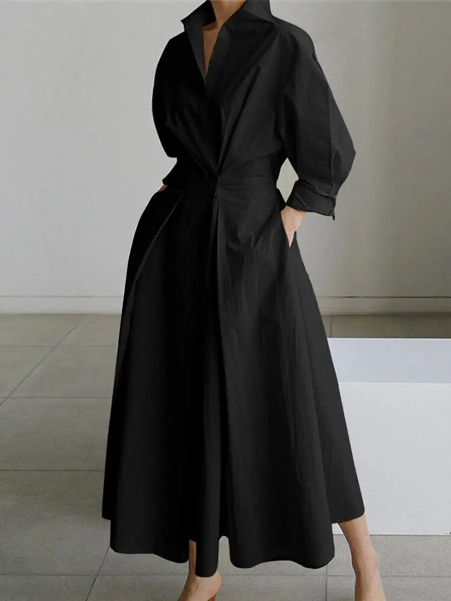 Women's Midi Dress Elegant Long-Sleeve Shirt Dress Twisted Waist - Black