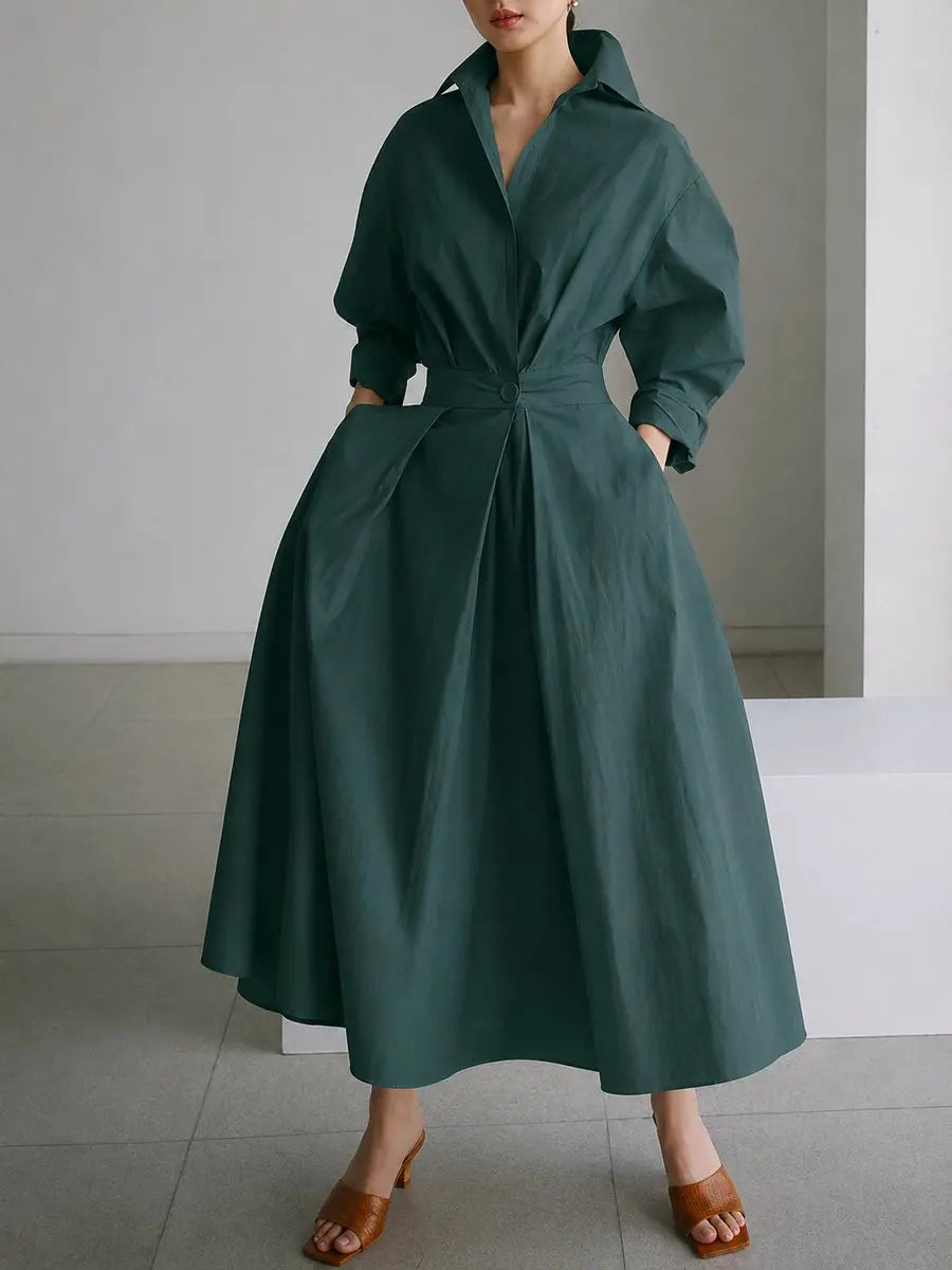 Women's Midi Dress Elegant Long-Sleeve Shirt Dress Twisted Waist - Army Green
