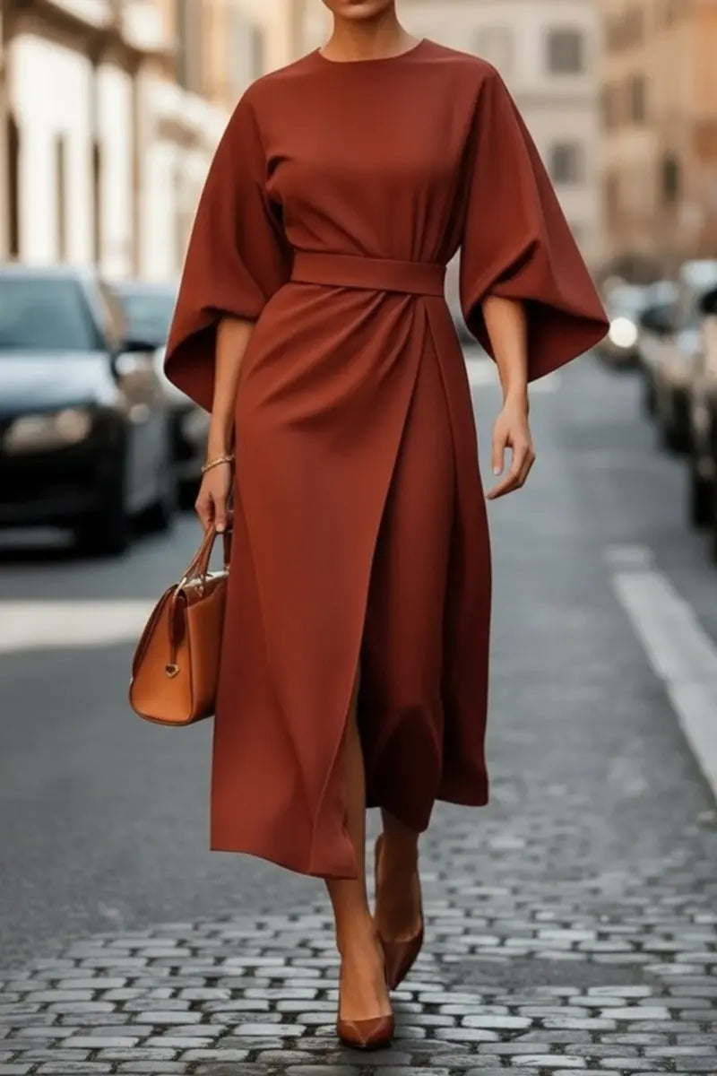 Women's Midi Lantern-Sleeve Belted Cocktail Dress - Rust Brown