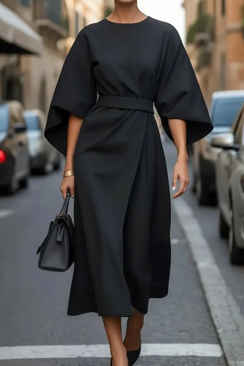 Women's Midi Lantern-Sleeve Belted Cocktail Dress - Black