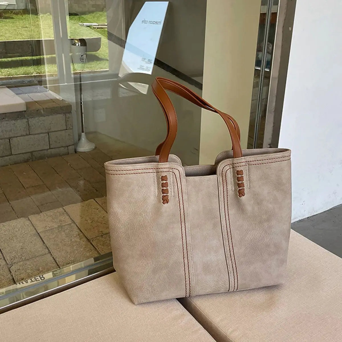 Women's Minimalist Faux Leather Large Tote Bag - Khaki