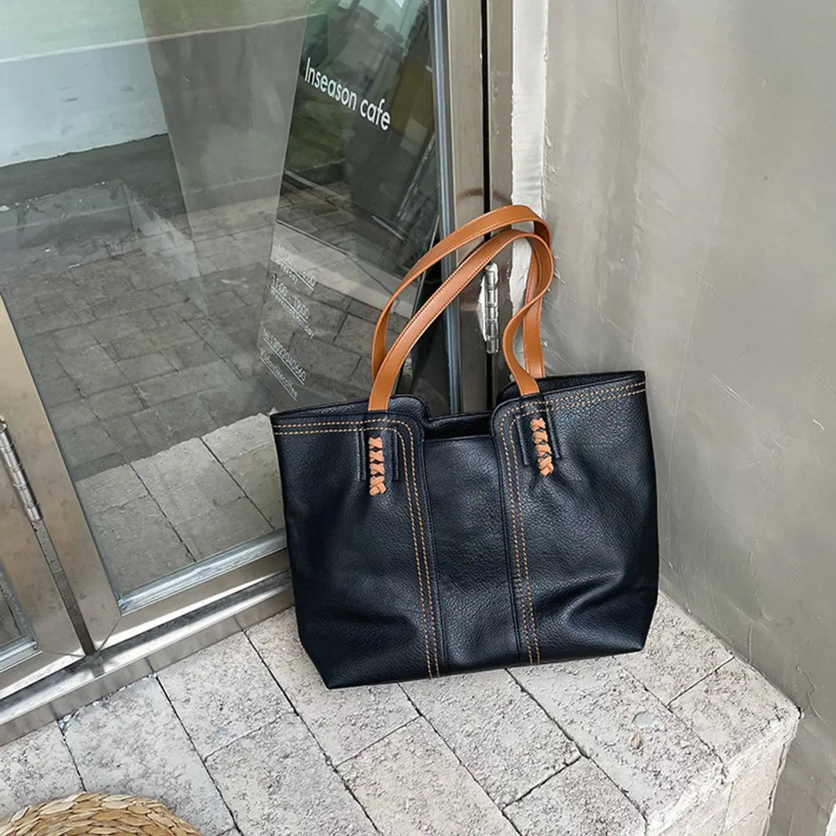 Women's Minimalist Faux Leather Large Tote Bag - Black