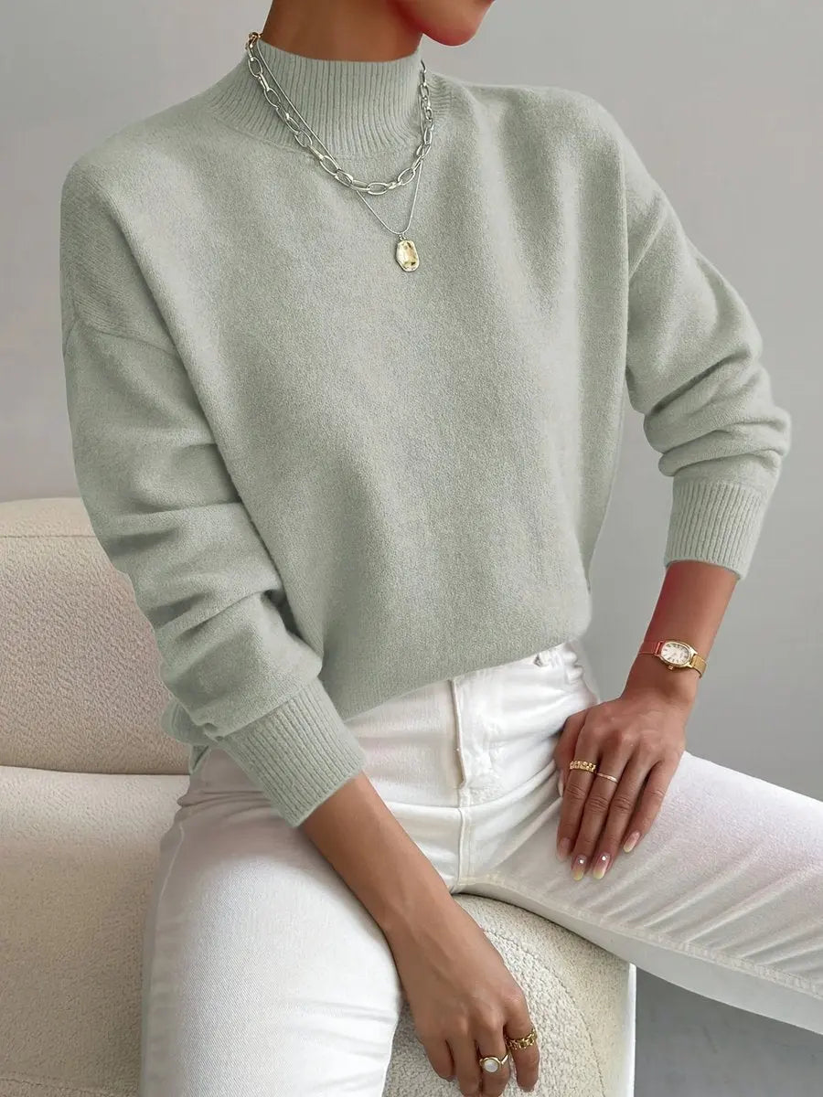 Women's Mock Turtleneck Relaxed Fit Long Sleeve Sweater - Light Green