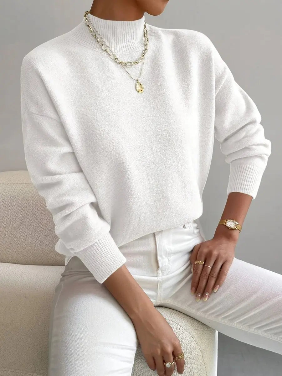 Women's Mock Turtleneck Relaxed Fit Long Sleeve Sweater - White