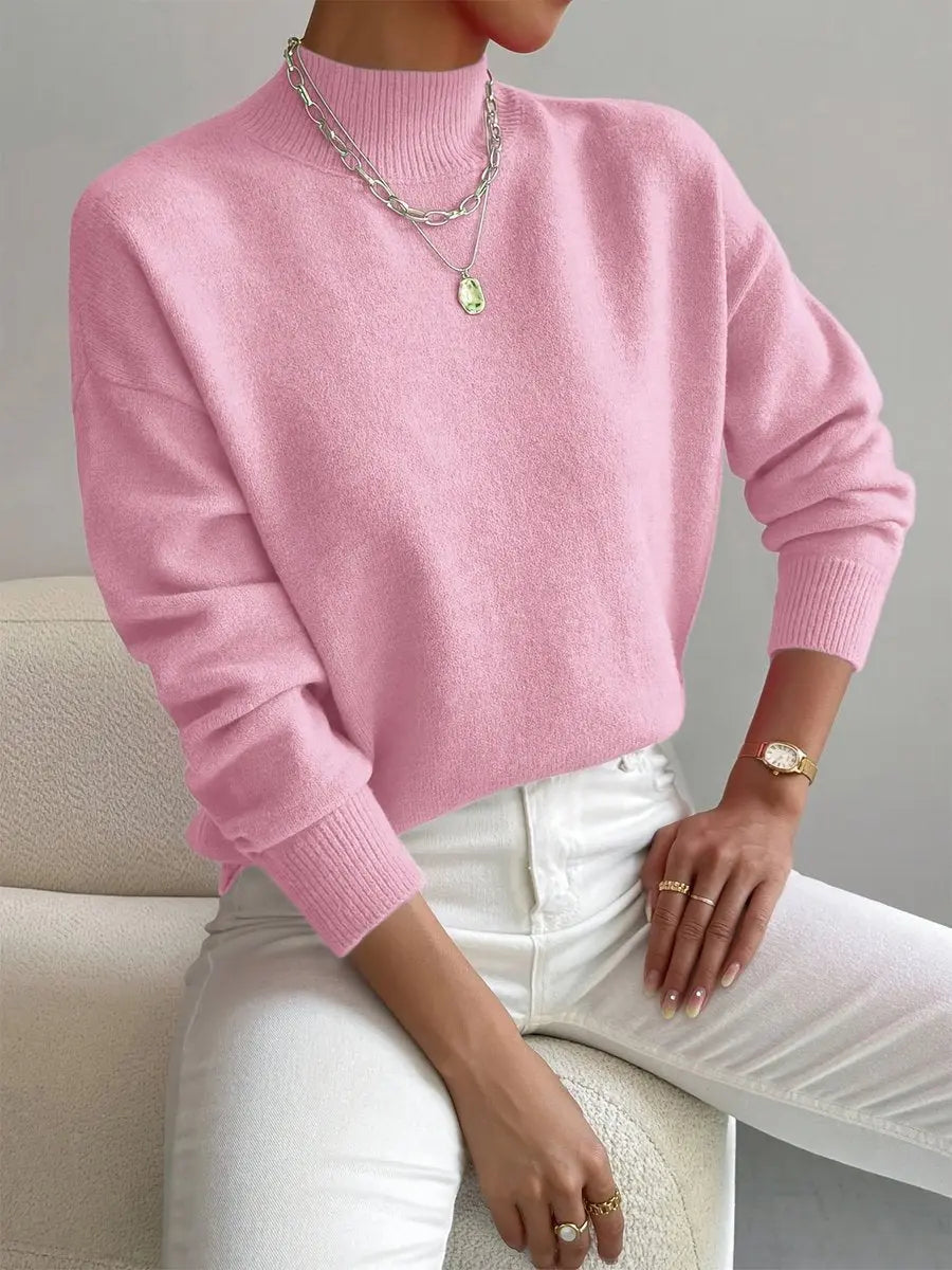 Women's Mock Turtleneck Relaxed Fit Long Sleeve Sweater - Light Pink