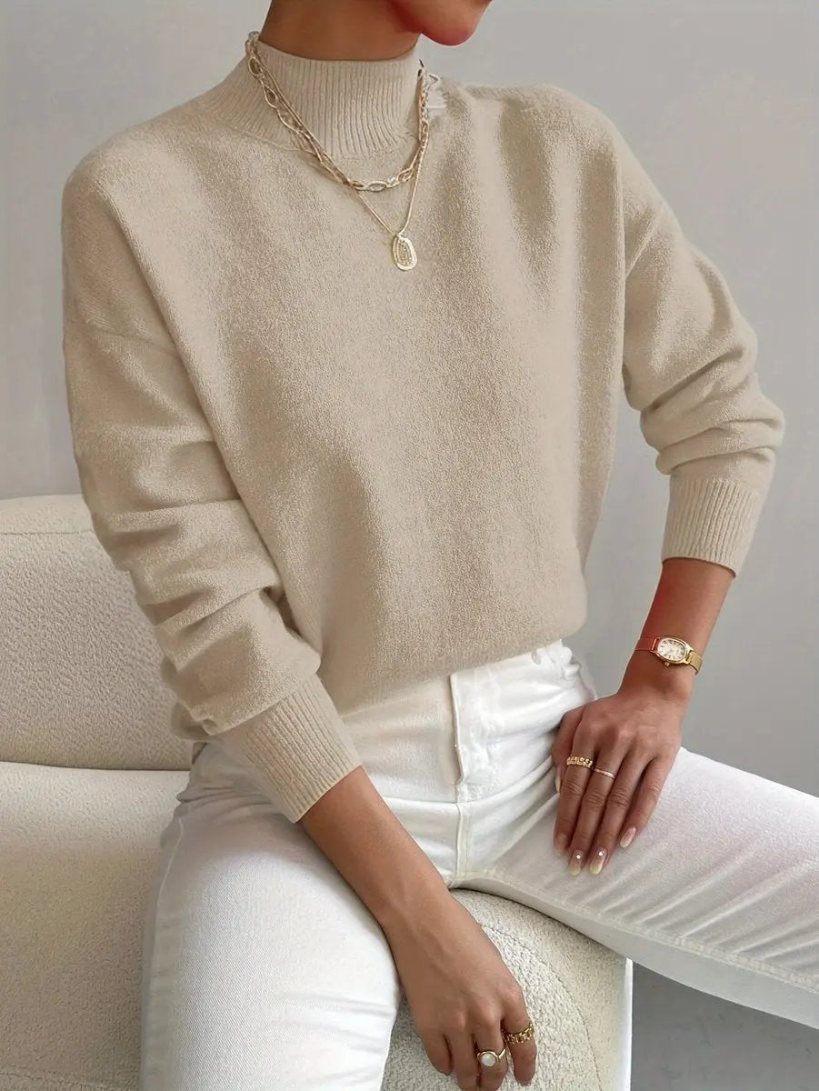 Women's Mock Turtleneck Relaxed Fit Long Sleeve Sweater - Beige