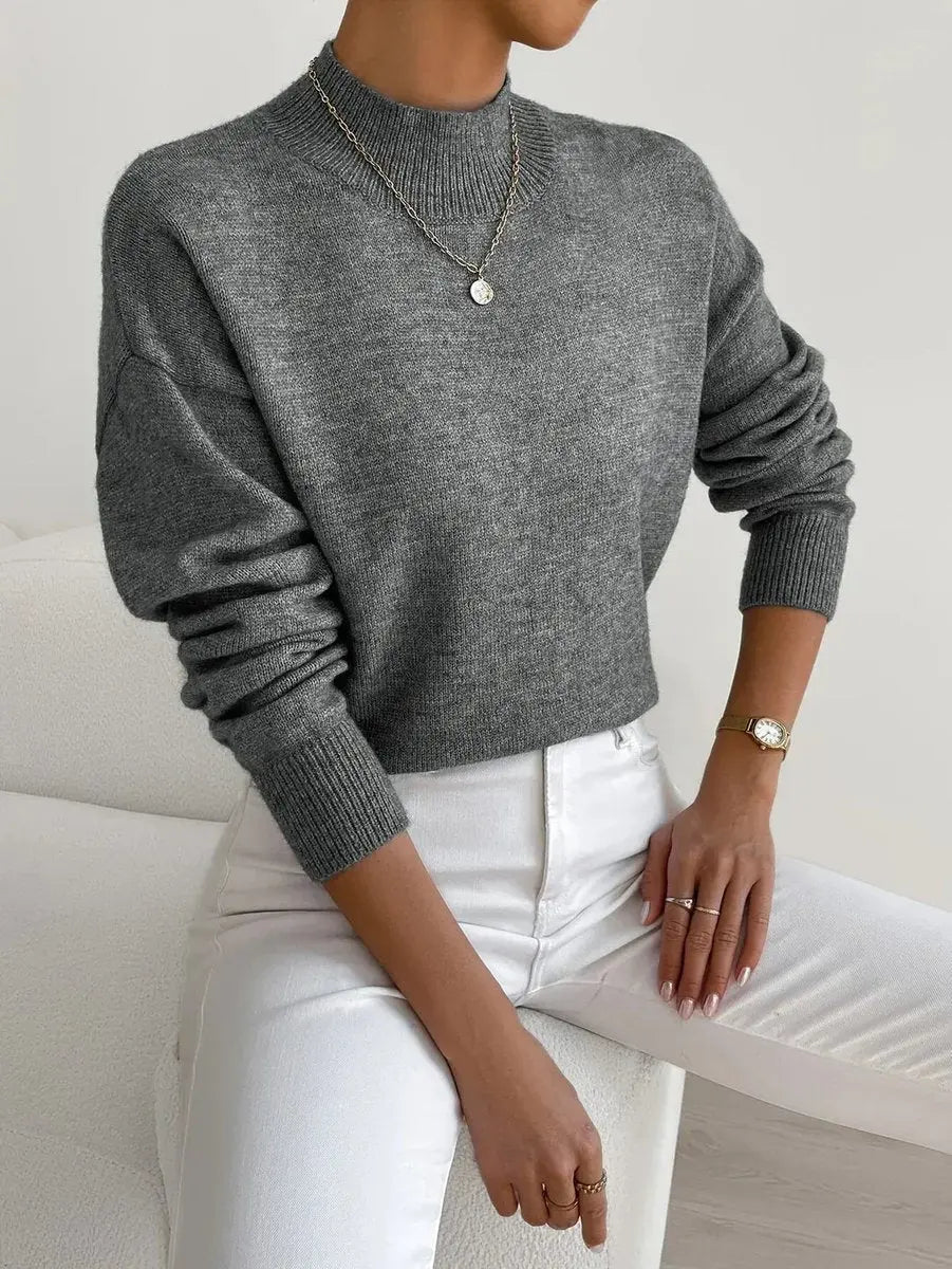 Women's Mock Turtleneck Relaxed Fit Long Sleeve Sweater - Dark Grey