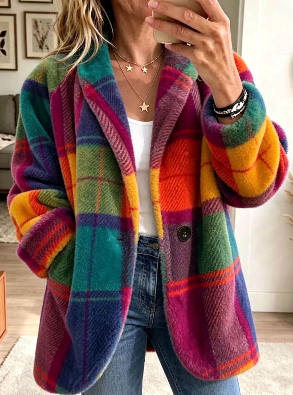 Women's Multicolour Checked Fleece Button-Up Coat - Rainbow
