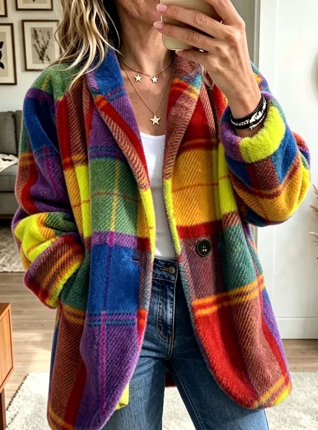 Women's Multicolour Checked Fleece Button-Up Coat - Sun
