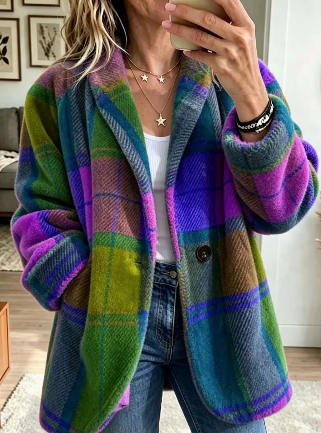 Women's Multicolour Checked Fleece Button-Up Coat - Neptune